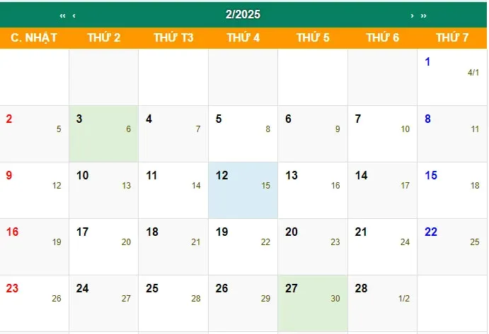 lịch âm tháng 2 năm dương lịch 2025