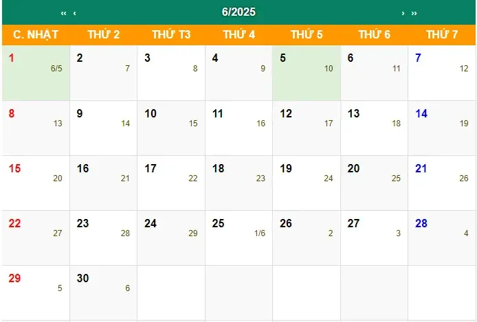 lịch âm tháng 6 năm dương lịch 2025