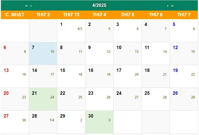 lịch âm tháng 4 năm dương lịch 2025