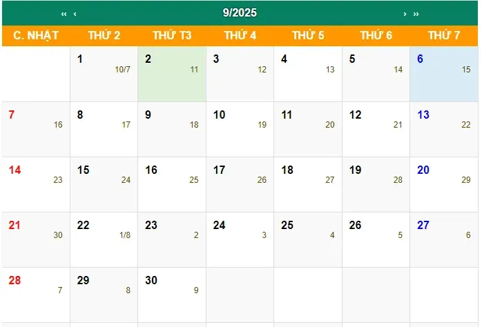 lịch âm tháng 9 năm dương lịch 2025