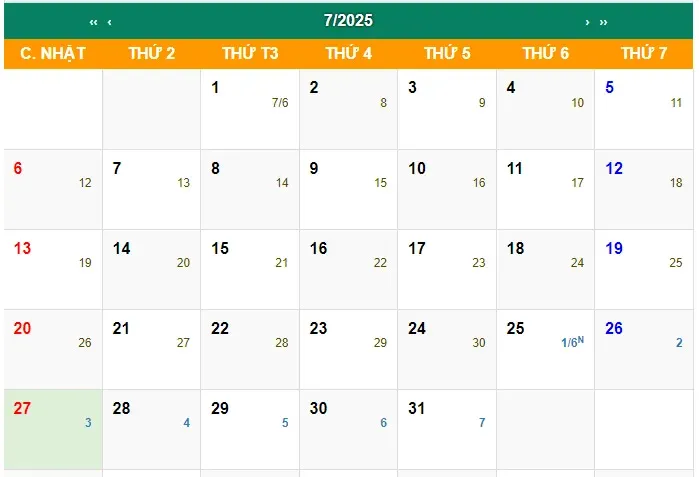 lịch âm tháng 7 dương lịch 2025