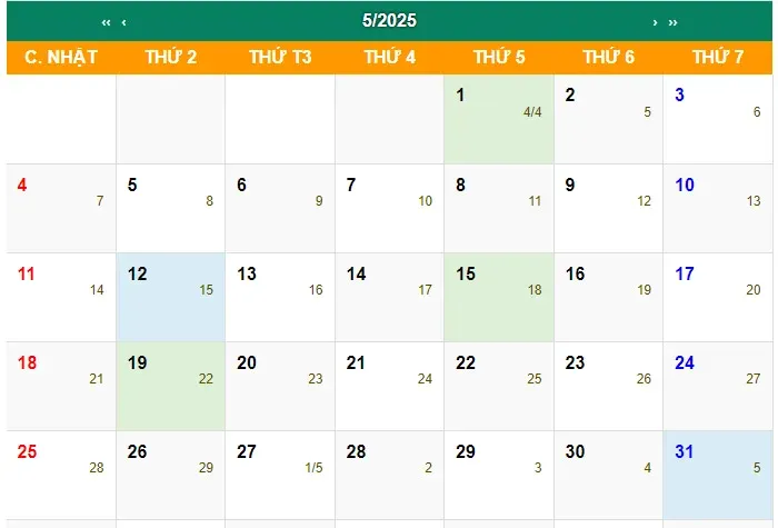 lịch âm tháng 5 năm dương lịch 2025