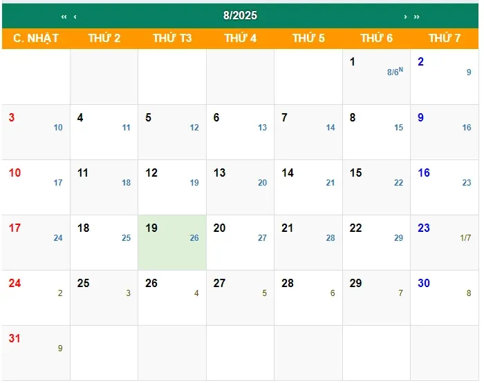 lịch âm tháng 8 năm dương lịch 2025