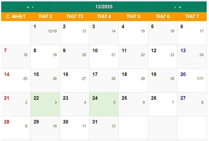 lịch âm tháng 12 năm dương lịch 2025