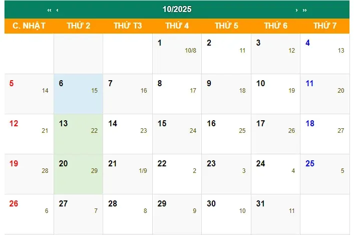 lịch âm tháng 10 năm dương lịch 2025